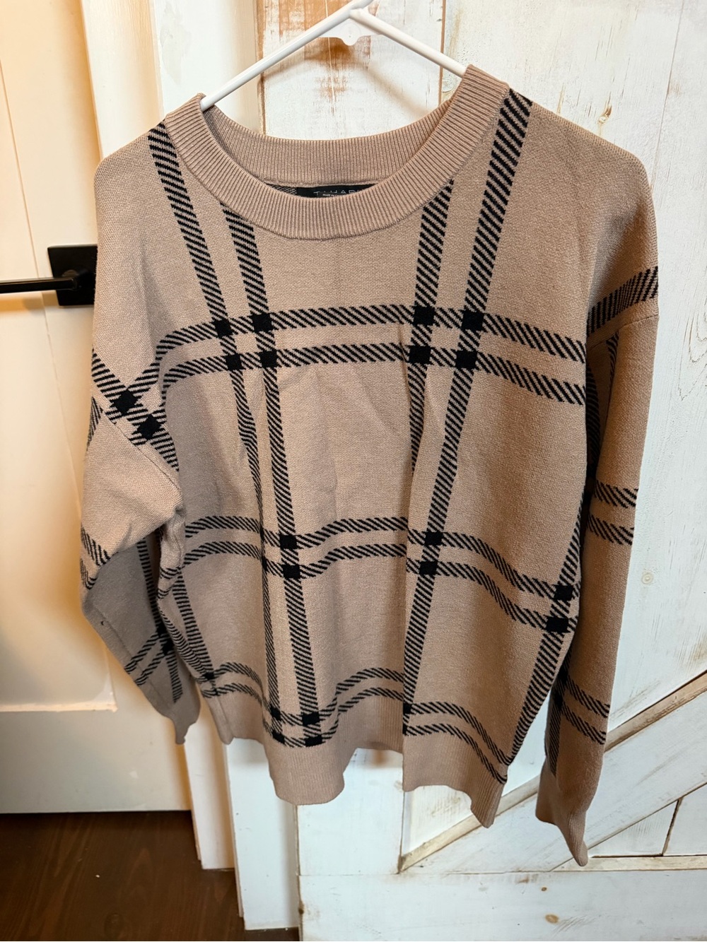 Beige Plaid Crewneck Sweater - Women